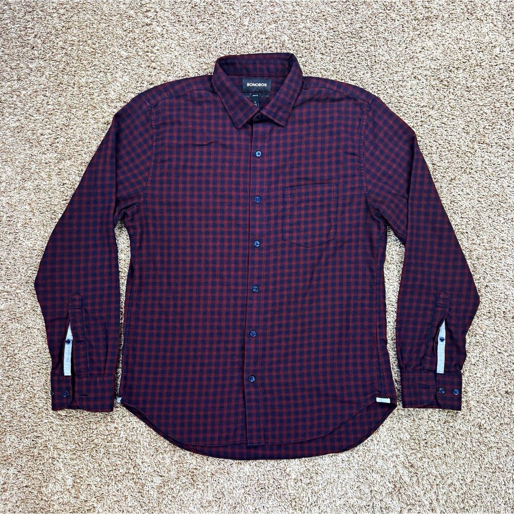 Bonobos Flannel Shirt Mens Large Slim Fit Red Navy Check Plaid Button Up Pocket